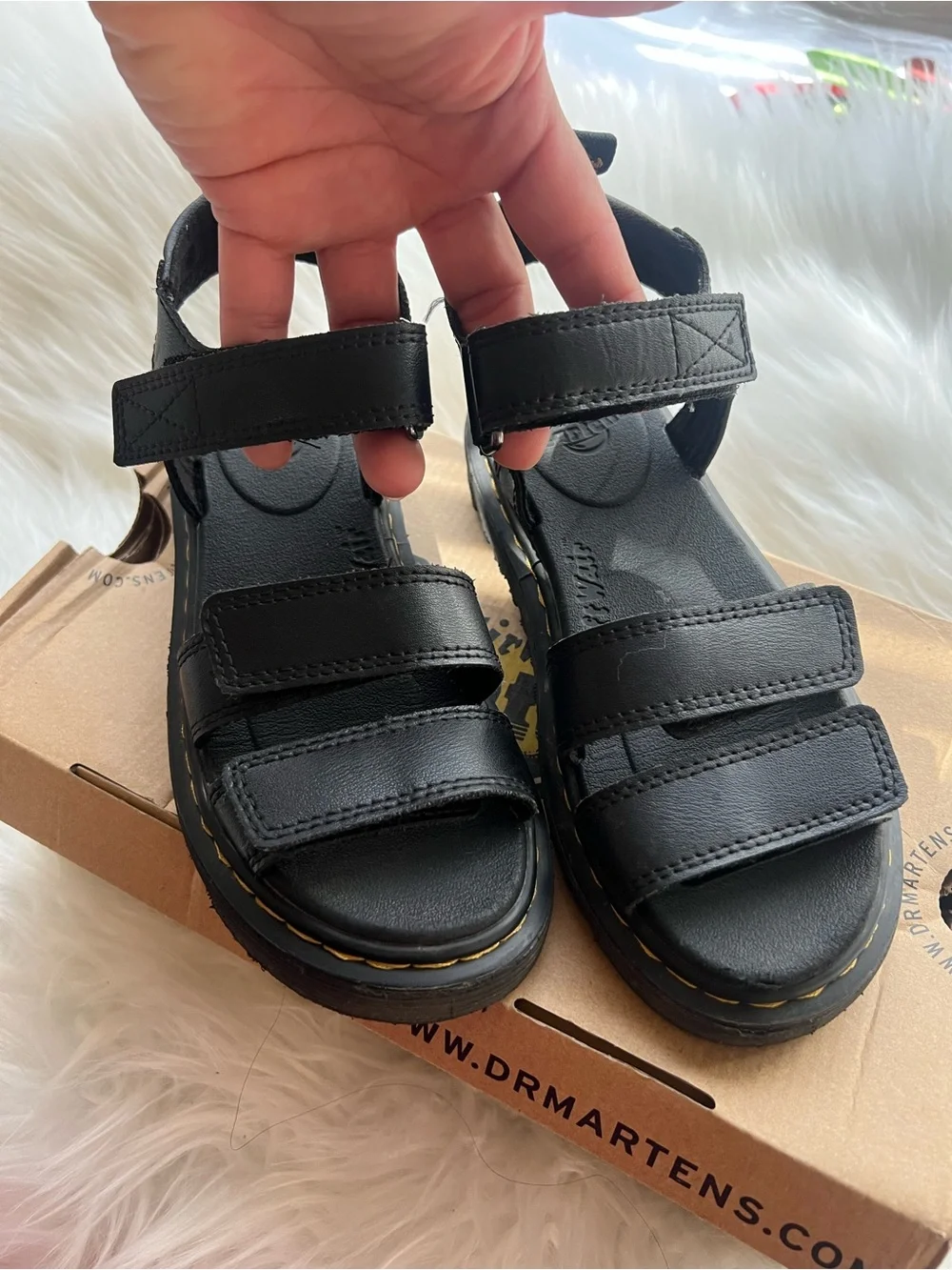 Dr. Martens Kids Black Triple-Strap Vegan Sandals with Yellow Stitching